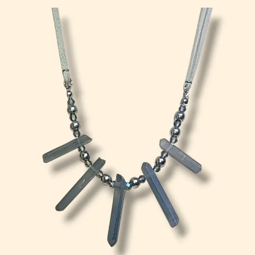 Blue Crystals Beige Faux Leather Statement Necklace 16